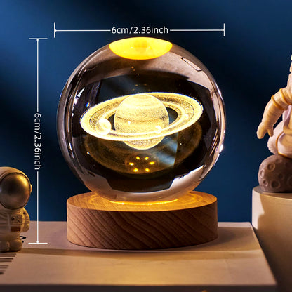 1Pc Saturn Crystal Ball Decoration Night Light, Wooden Base, USB Port, Bedroom Atmosphere Decoration, Holiday Gift Table Light.