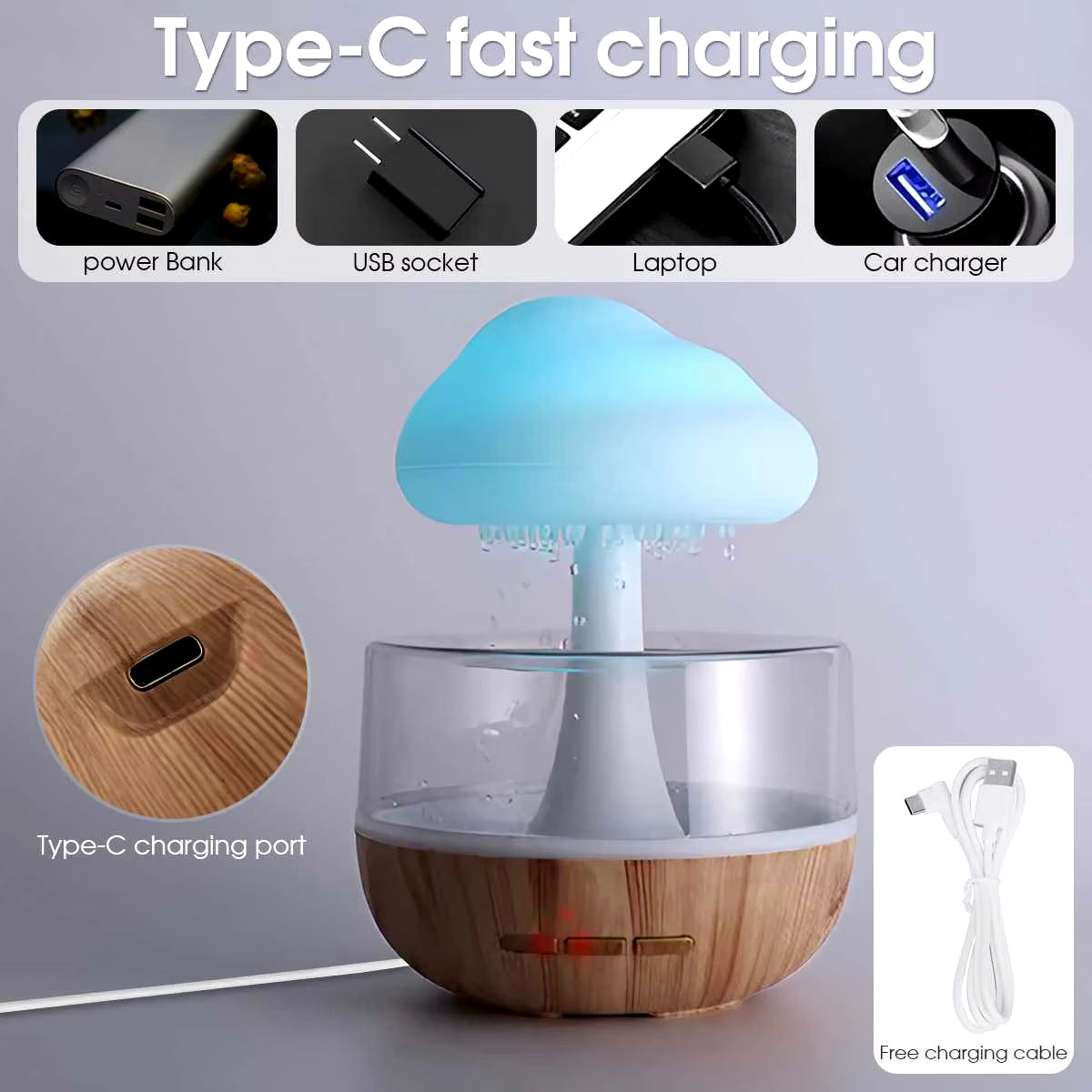 Rain Cloud Humidifier Rain Colorful Mushroom Cloud Raindrop Atmosphere Lamp Night Light Essential Oil Humidifier Machine